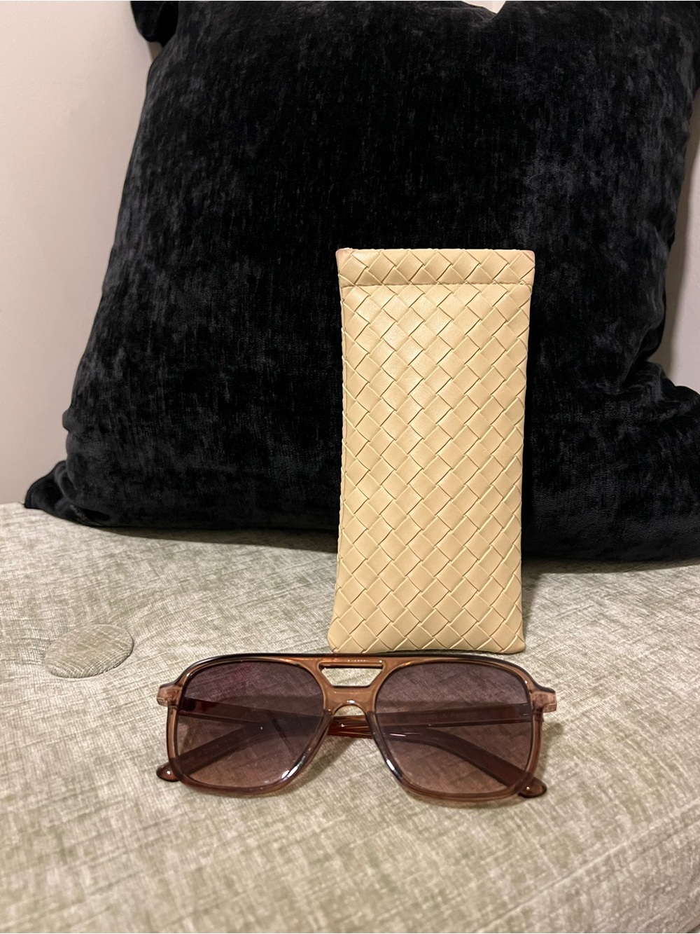 Beige Woven Sunglasses Case with Brown Sunglasses